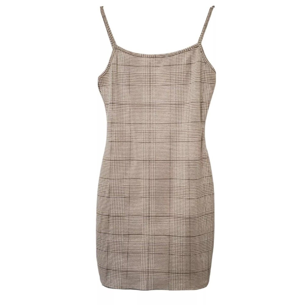 Plaid Bodycon Mini Dress Beige Tan Size L Spaghetti Strap Stretch Y2K 90’s